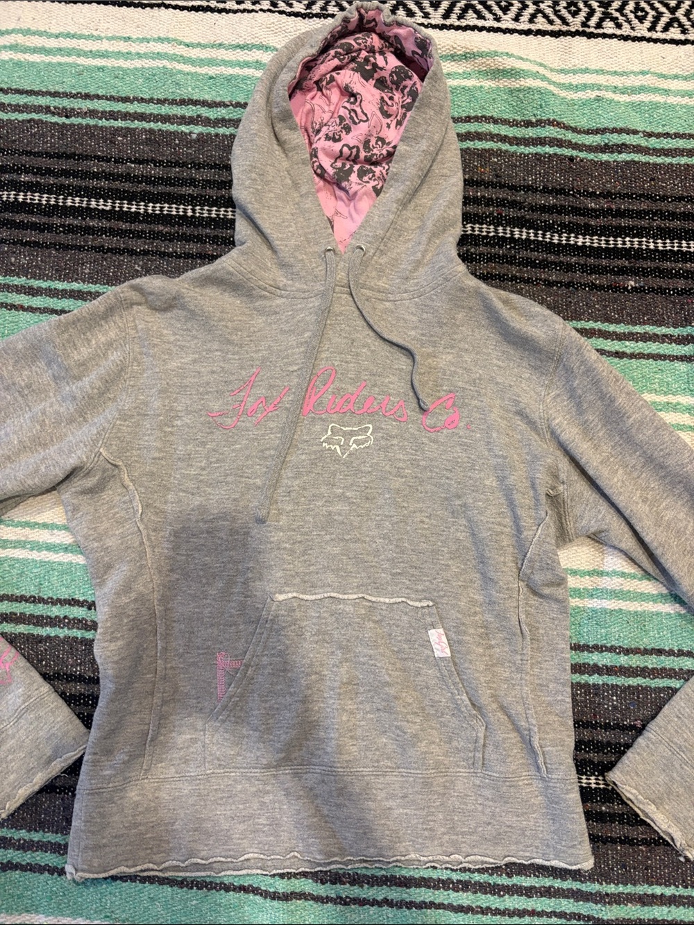 Fox Women's Gray Hoodie Sweater with Pink Lining and Embroidery